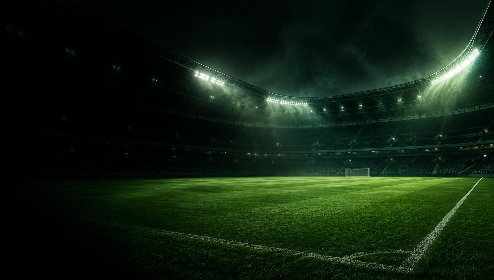 Floodlit football stadium at night with an empty green pitch